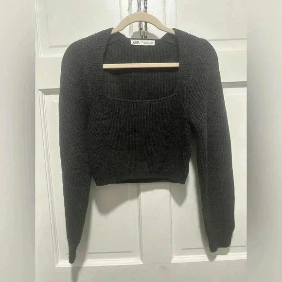ZARA Wool Blend Cropped Sweater Square Neck Long Sleeve Pullover Size Small - Picture 3 of 6